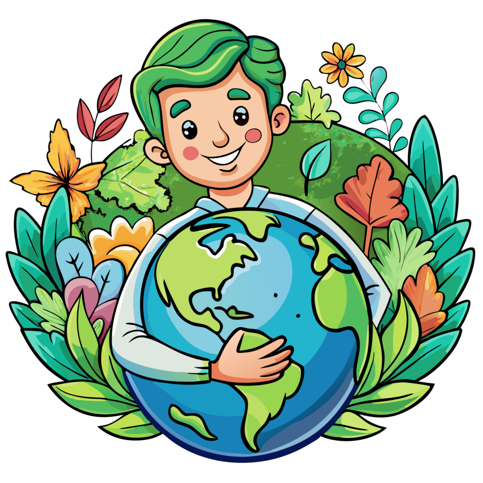 Environmentalist man holding the world with floral decorations png