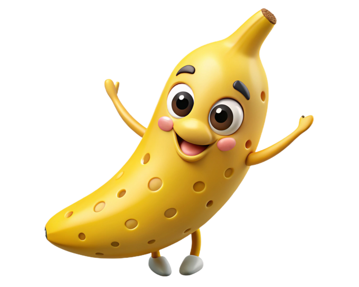 Happy banana mascot riding a skateboard png