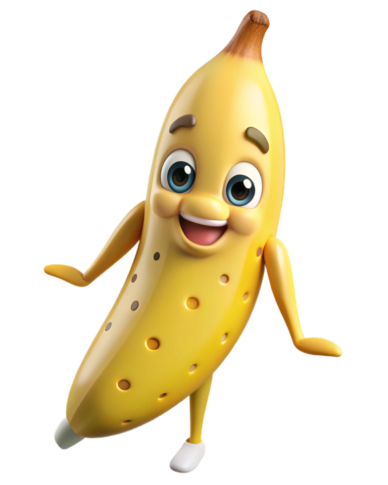 Cheerful banana character flying with balloons png