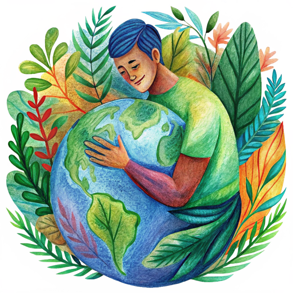 Man surrounded by leaves while holding the world png