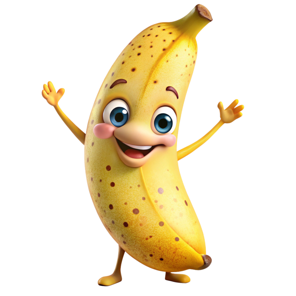 Laughing banana character with sparkly eyes png