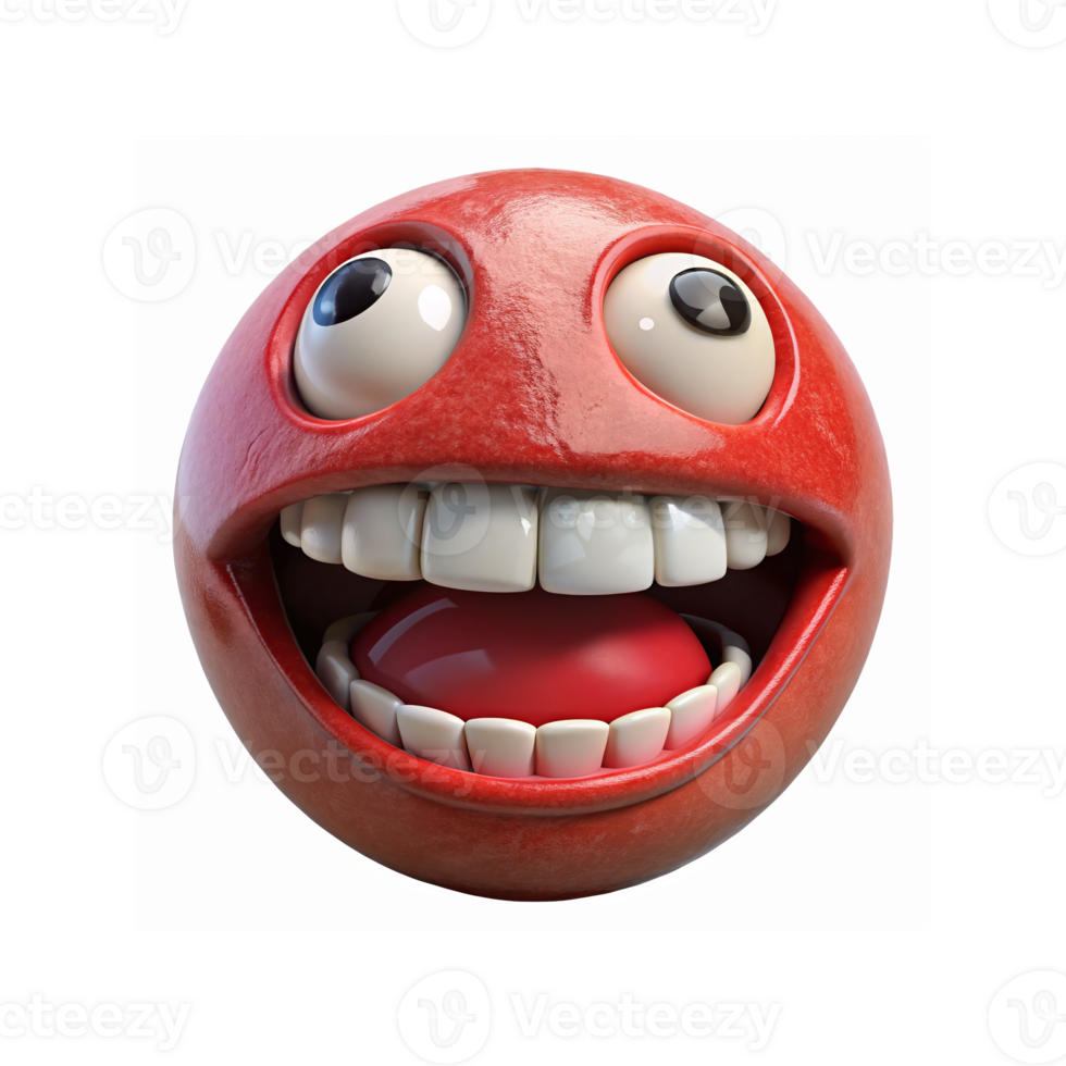 Closeup of Red Cartoon Emoji with Big Wide Smile Expressive Eyes and Transparent Background png