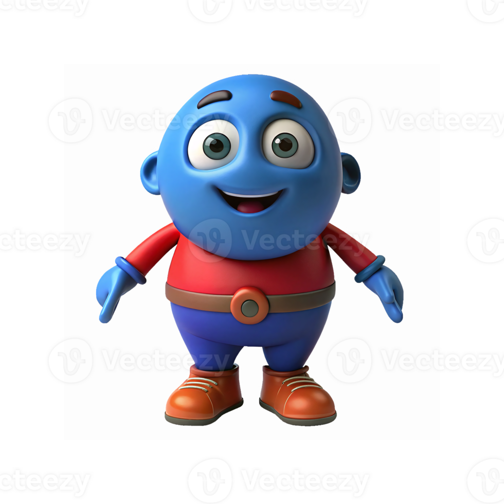 Blue Cartoon Character with Red Shirt Brown Shoes Smiling Friendly Stance for Animation and Kids Content png