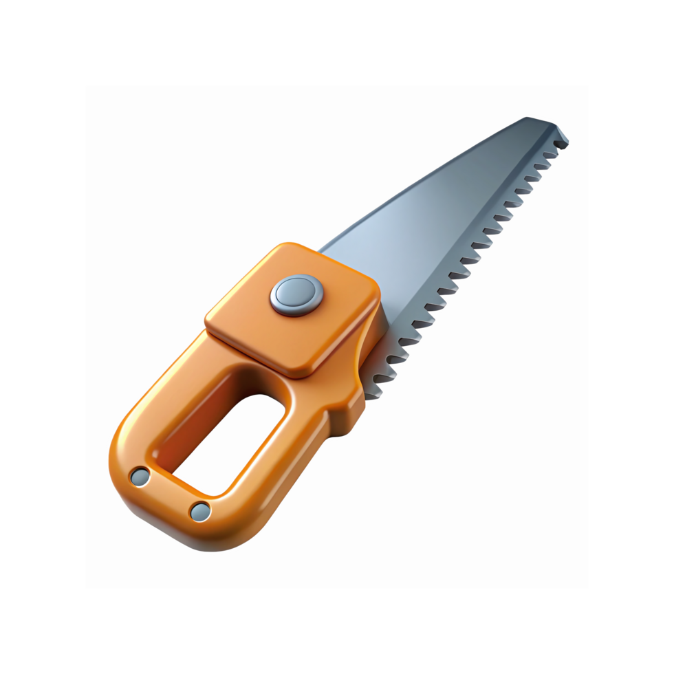 Orange Handled Metal Saw with Sharp Serrated Blade for Cutting and Carpentry Tools on Transparent Background png