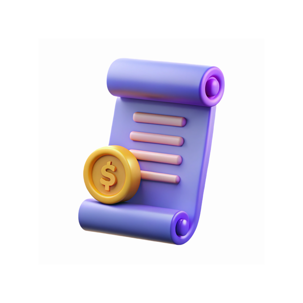3D Purple Scroll Document with Gold Dollar Coin for Finance and Business Concepts png