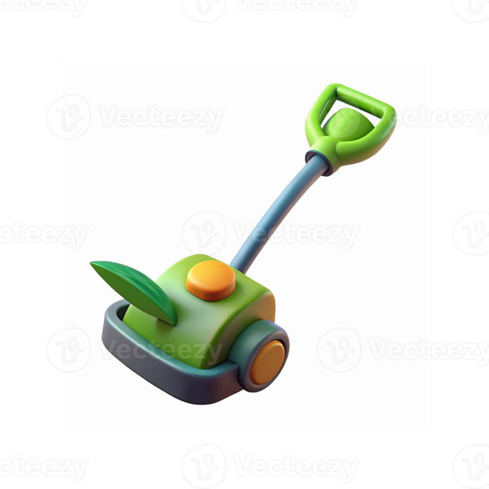 Green Cartoon Garden Lawn Mower with Handle Leaf Motif and Orange Buttons for Gardening Tools Concept png