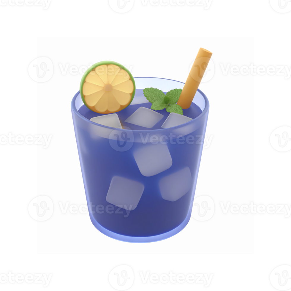 Refreshing Ice Cubed Drink in Blue Glass with Lemon Slice and Mint Garnish Transparent Background png