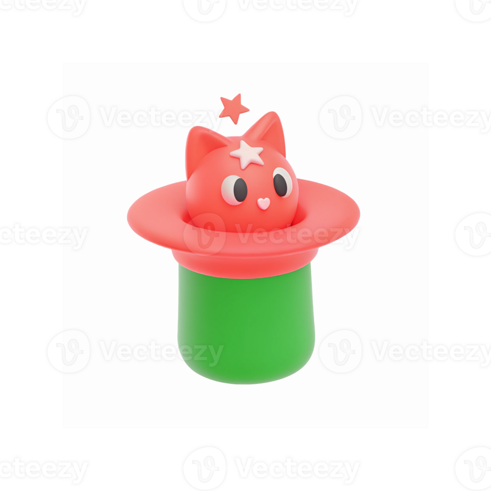 Cute Red Cat Head with Star Hat in Green Cup on Transparent Background for Toy and Design Concepts png