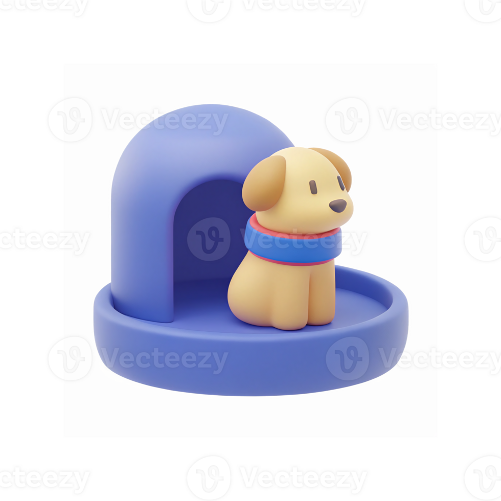 3D Cartoon Dog Figurine Sitting in Blue Pet House Minimalist Toy Design for Kids and Decor Ideas png