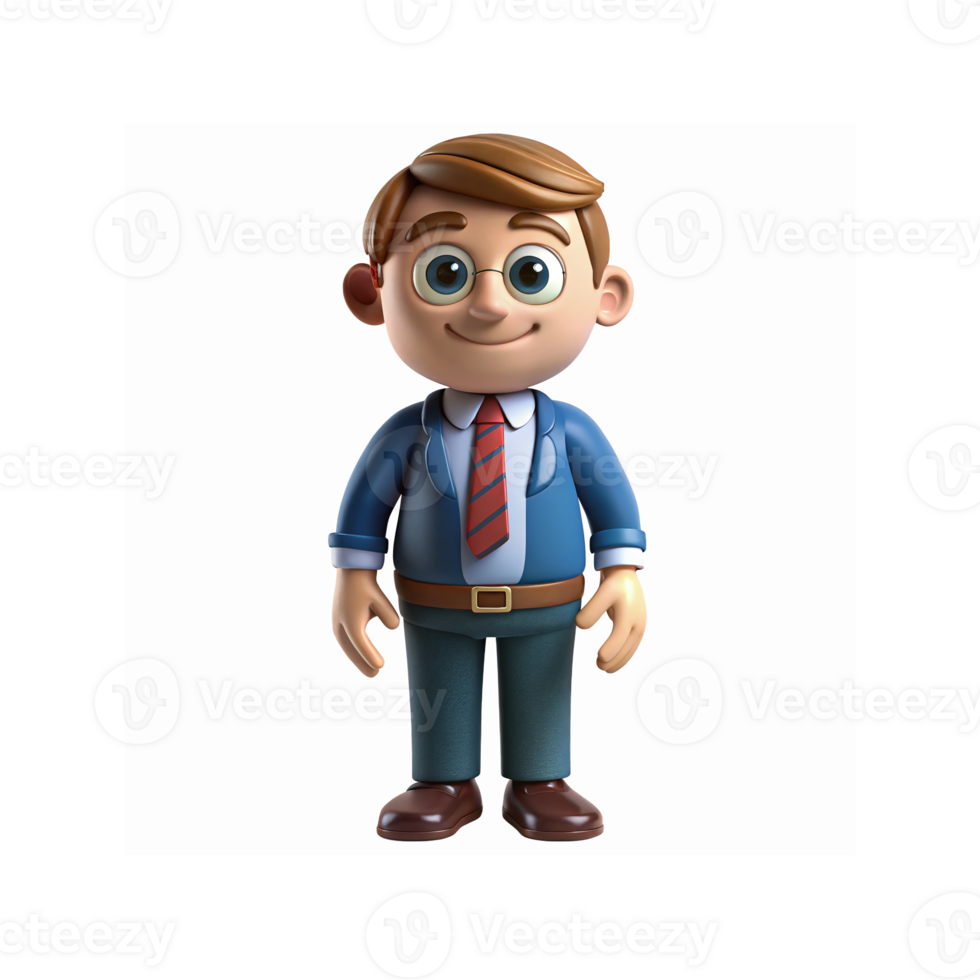3D Cartoon Businessman Character in Blue Suit with Red Tie and Glasses on Transparent Background png