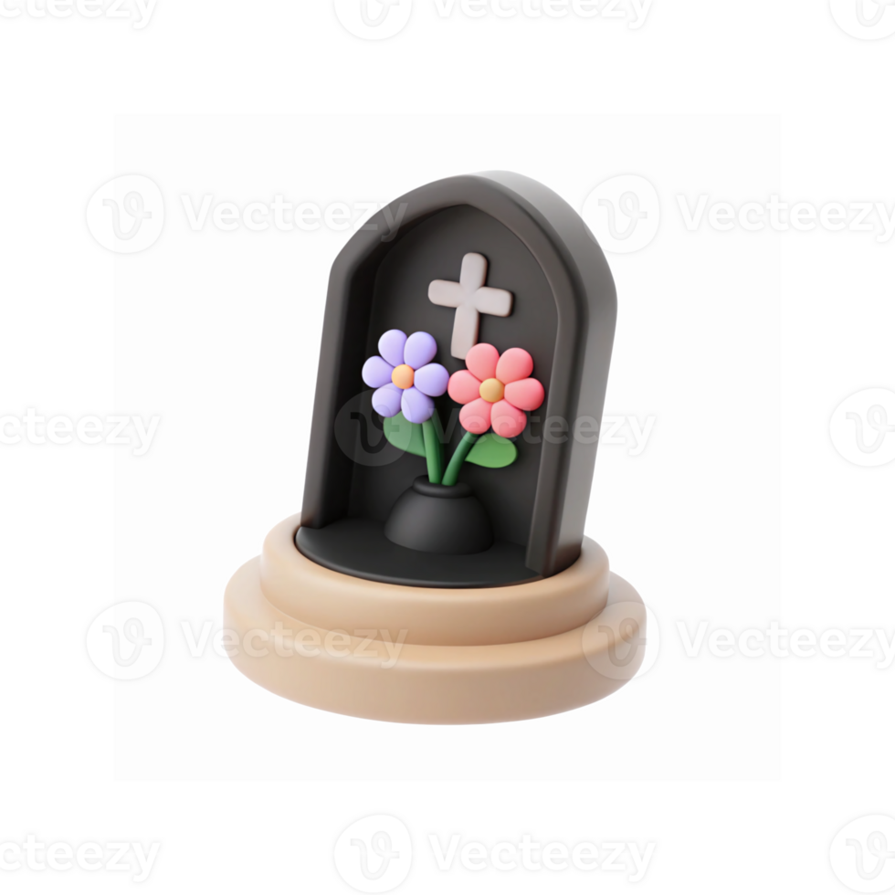 3D Render of Tombstone with Cross and Colorful Flowers on Beige Base for Memorial Illustrations png