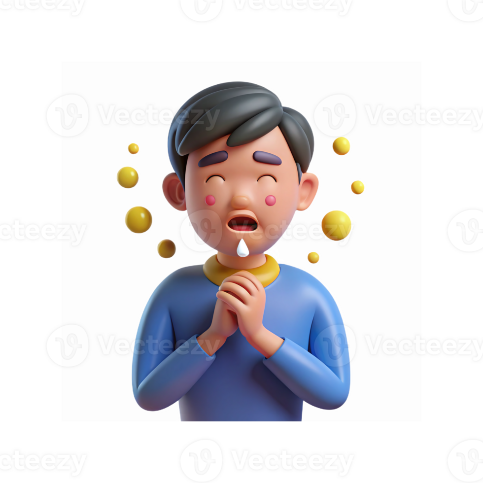 3D Illustration of Person Sneezing with Droplets and Yellow Particles on Transparent Background png