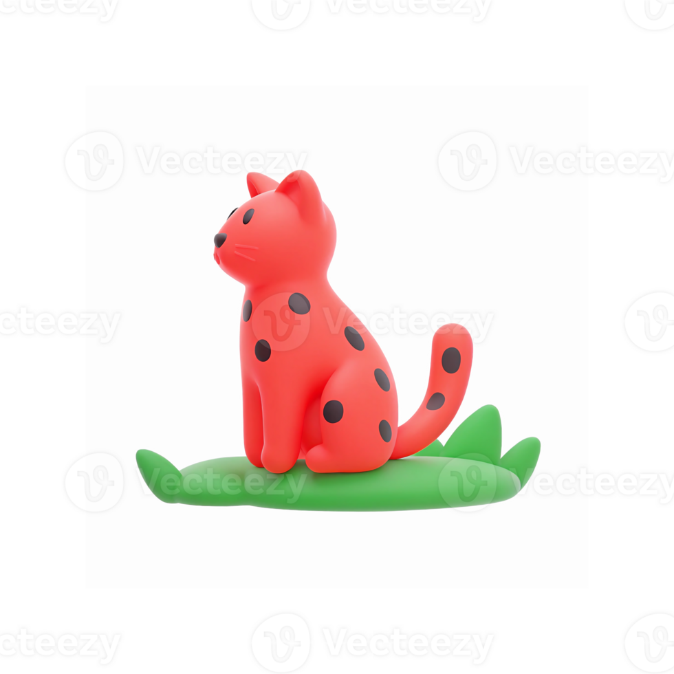 Vibrant Red Cat Figurine with Black Polka Dots Sitting on Green Leaf Matte Finish Illustration png