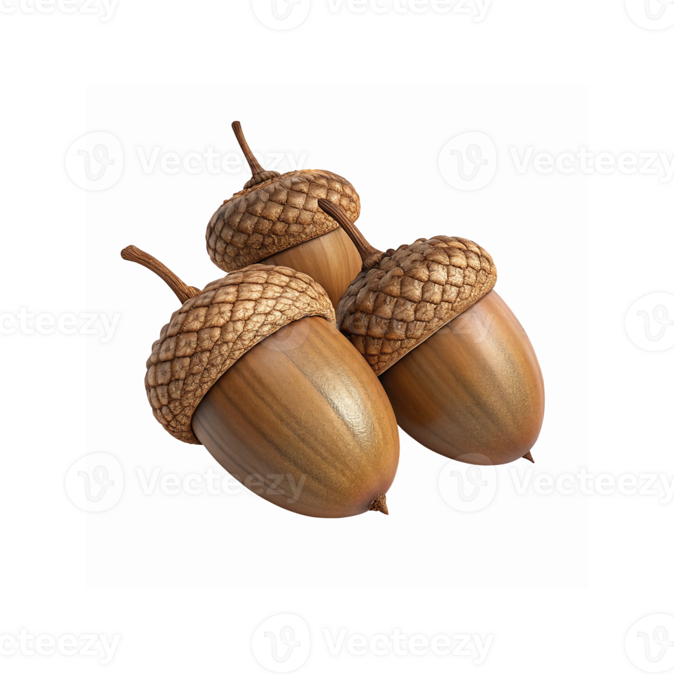 Three Detailed Brown Acorns with Textured Caps and Stems on Transparent Background for Nature Themes png