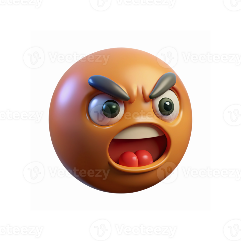 Angry Cartoon Emoji Face with Open Mouth Expression and Raised Eyebrows on Transparent Background png