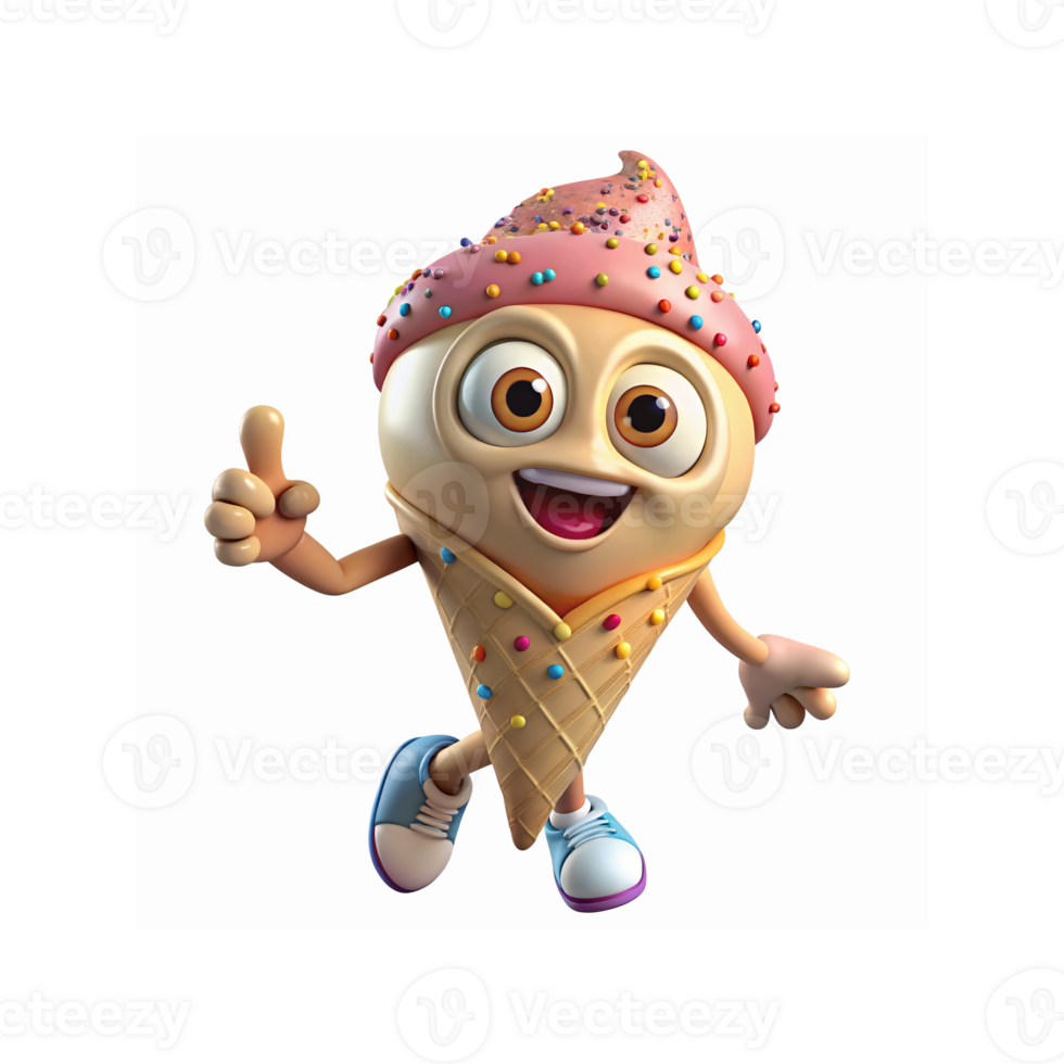 Happy Ice Cream Character with Pink Sprinkles Waffle Cone and Blue Shoes Pointing Cheerfully png