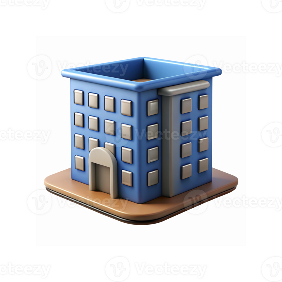 Blue 3D Office Building Icon with Square Windows and Brown Base on Transparent Background png