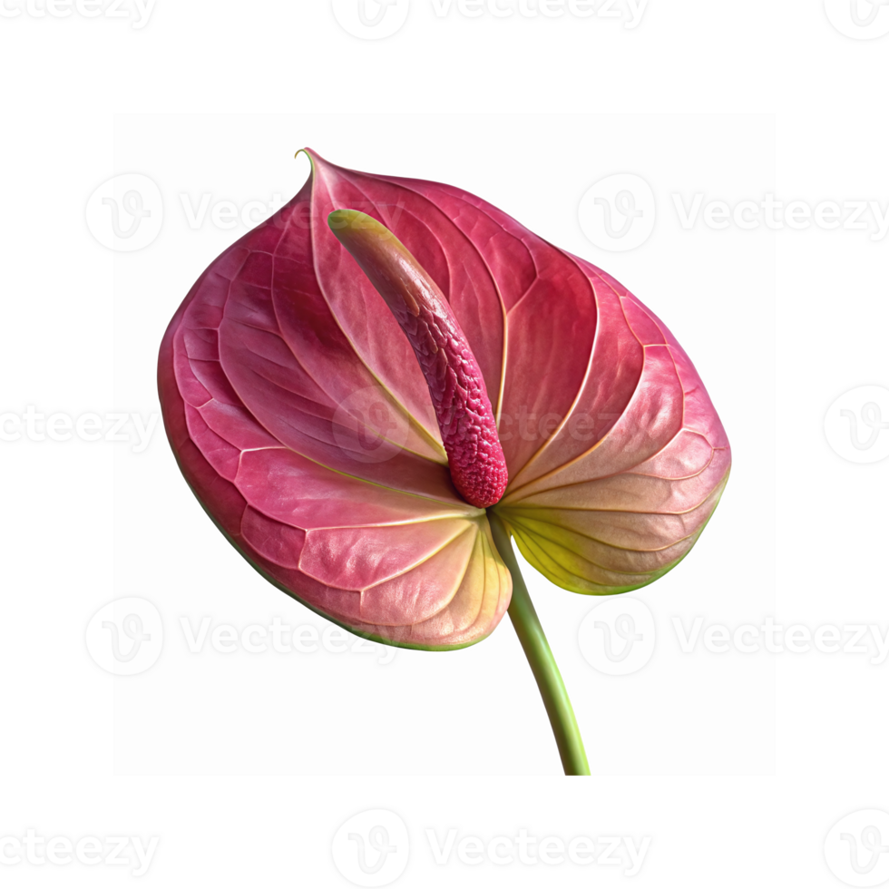 Closeup of Vibrant Pink Anthurium Flower with Textured Petal Details and Green Stem on Transparent Background png