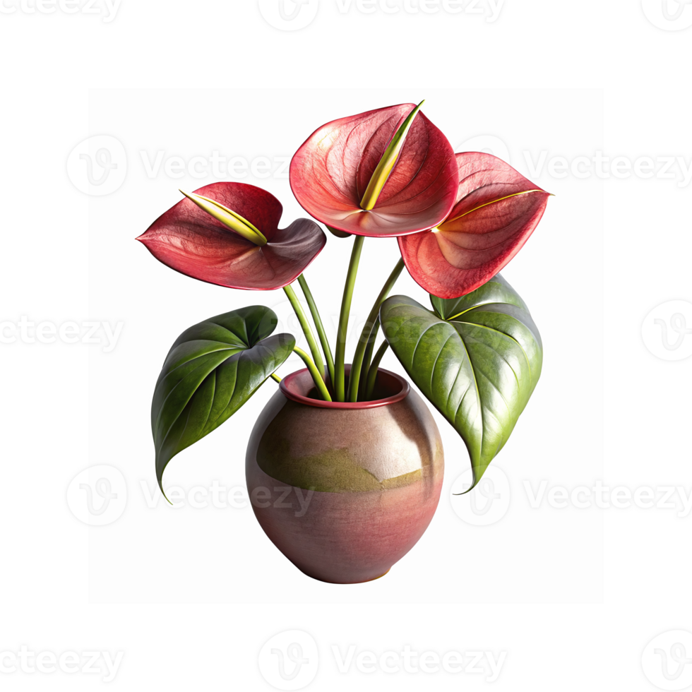 Elegant Anthurium Flower Arrangement with Red Blossoms and Green Leaves in Ceramic Vase png