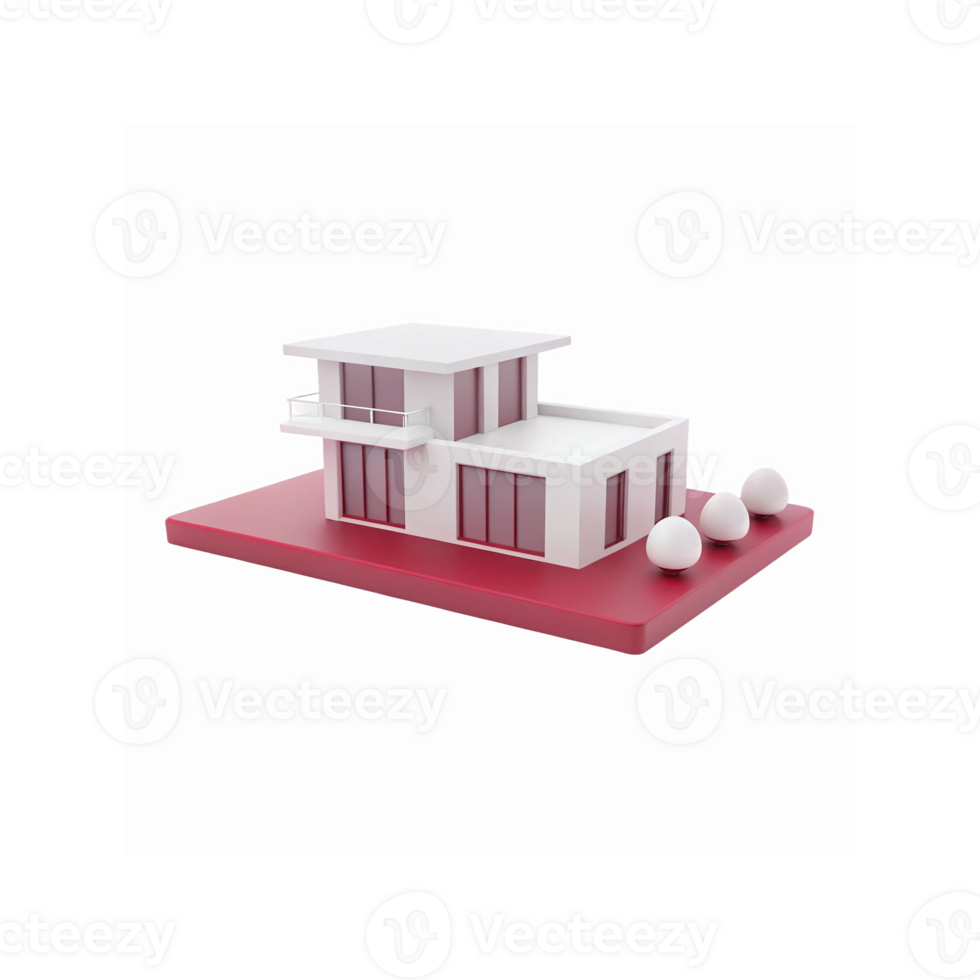 Modern Minimalist White House Model with Pink Tinted Glass Windows on Red Base Display png