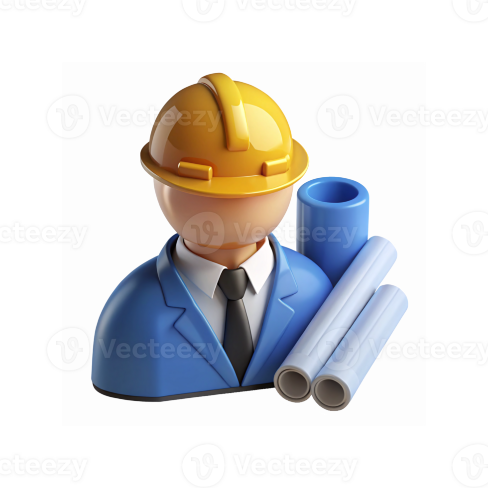 Construction Engineer Icon with Yellow Helmet Blue Suit and Blueprint Rolls for Design Projects png