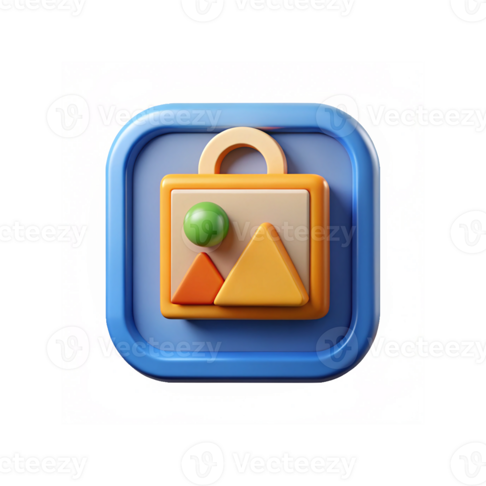 3D Icon of Blue Square Frame Picture Lock with Orange and Yellow Elements and Green Sphere png