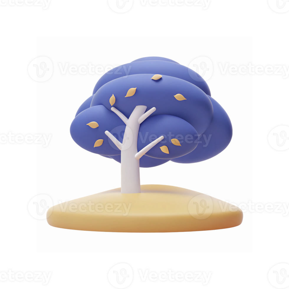 Stylized Blue Tree With Yellow Leaves On Sand Colored Hill Minimalist 3D Illustration Transparent Background png