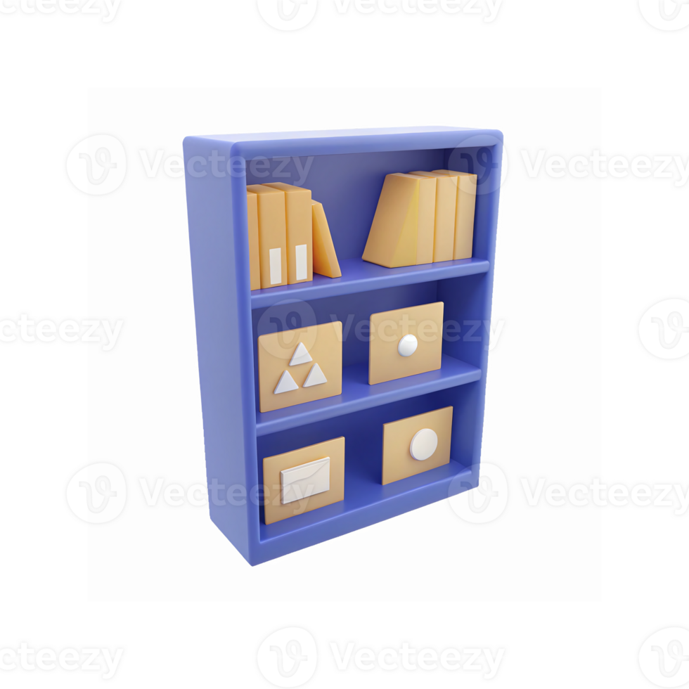 Blue Bookshelf With Yellow Books and Files Featuring Geometric Shapes for Organizing Documents png