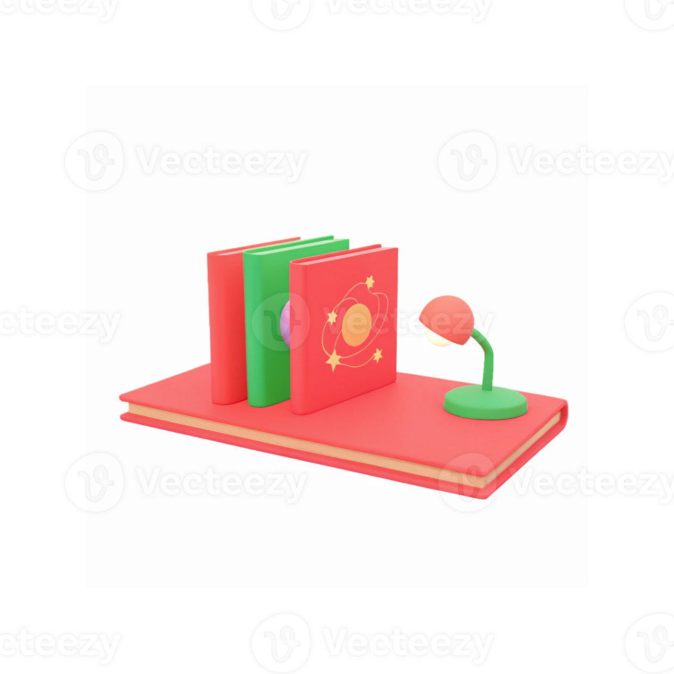 3d Illustration of Books with Planet Design and Lamp on Vibrant Red Background for Education Concept png