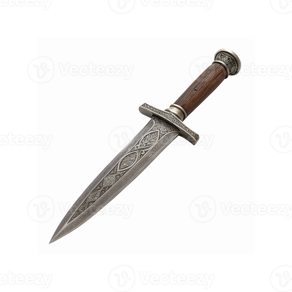 Ornate Medieval Dagger with Intricate Silver Blade Design and Wooden Handle for Historical Display png