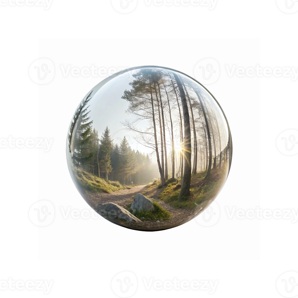 Forest Pathway Through Tall Trees with Morning Sunlight Reflections in Glass Ball on Transparent Background png