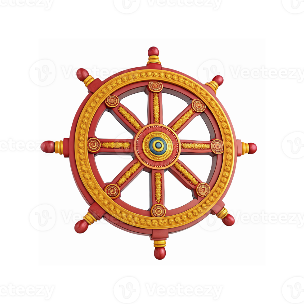 Red and Gold Ornate Wooden Ship Steering Wheel with Decorative Details for Nautical Themes and Designs png