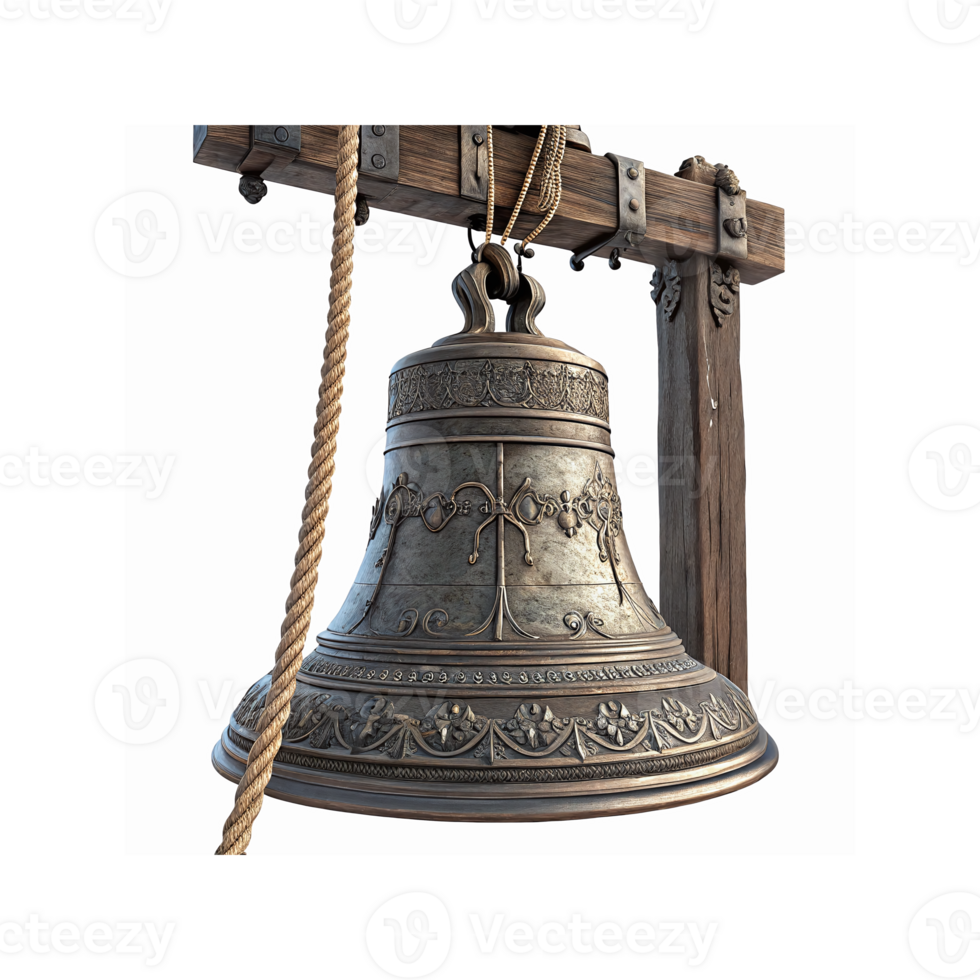 Closeup of Ornate Cast Iron Bell with Rustic Wooden Frame and Rope Detail for Traditional Settings png