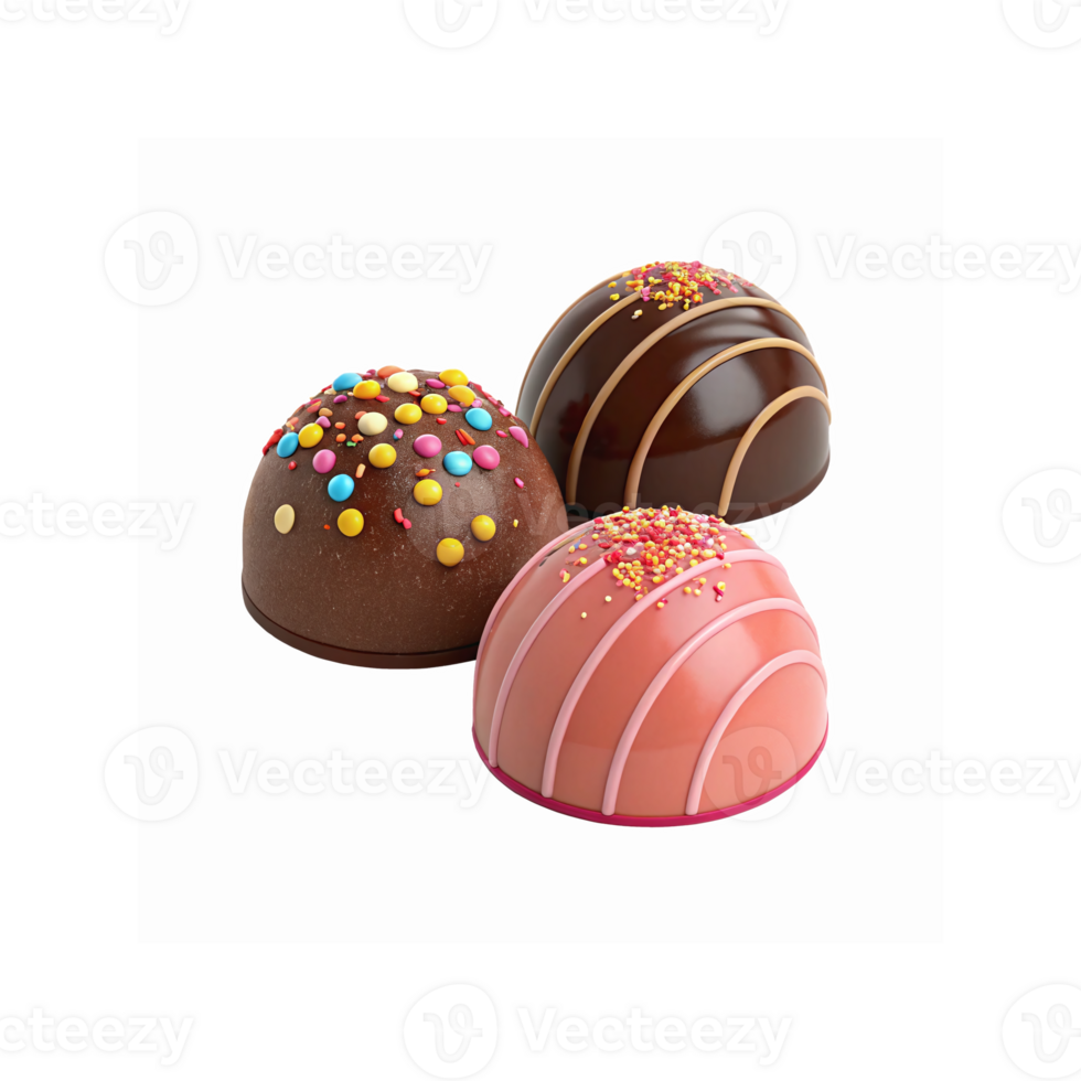 Three Assorted Chocolate Candies with Sprinkles and Frosting on Transparent Background for Dessert Presentation png