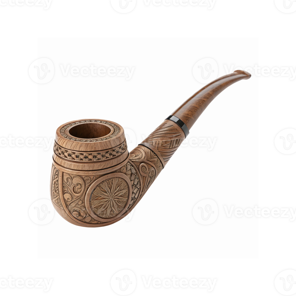 Handcrafted Wooden Tobacco Pipe with Intricate Carved Details and Polished Finish on Transparent Background png