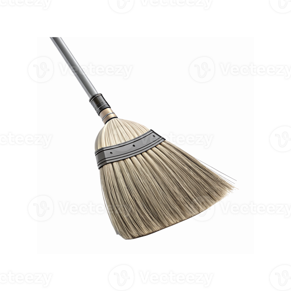 Close Up of Natural Straw Broom with Black Metal Band and Gray Handle for Cleaning Floors and Dusting png