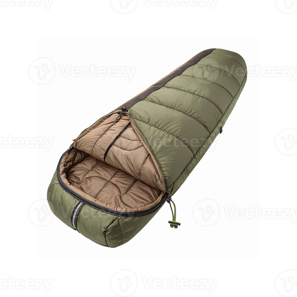 Green Lightweight Mummy Sleeping Bag for Outdoor Camping and Hiking with Beige Interior Design png