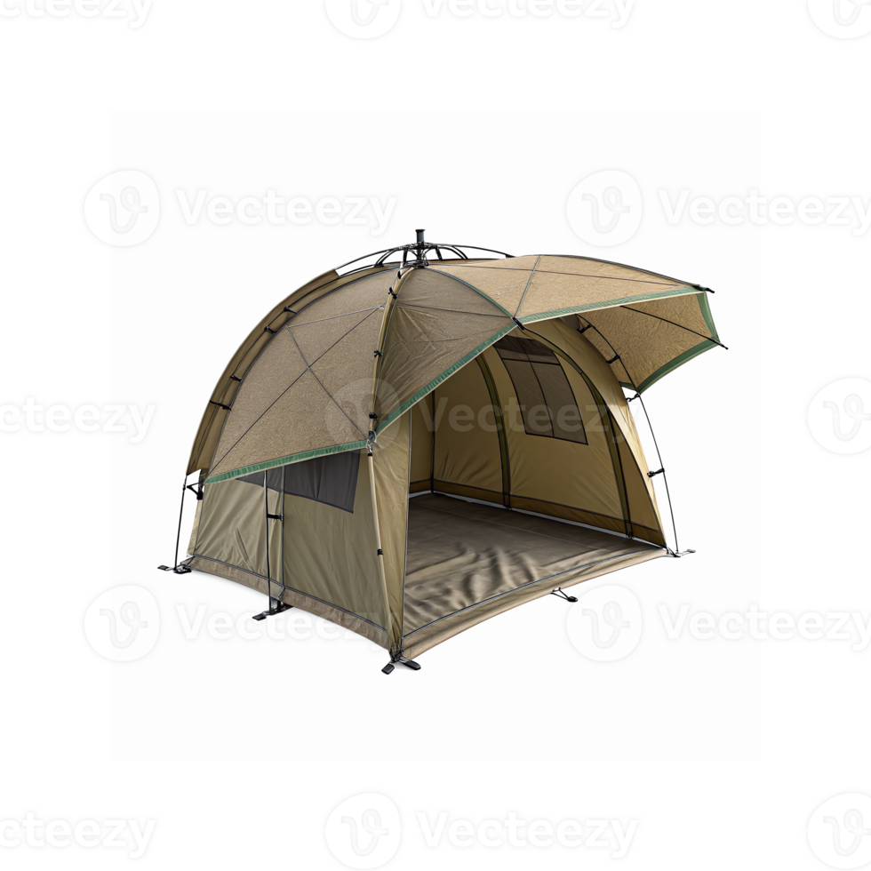 Large Outdoor Camping Tent with Open Front Design for Shelter and Recreation in Beige and Green Colors png