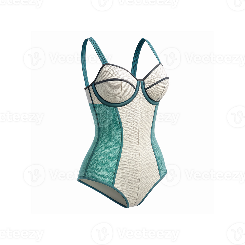 Elegant Teal and White Textured One Piece Swimsuit with Structured Design and Adjustable Straps png