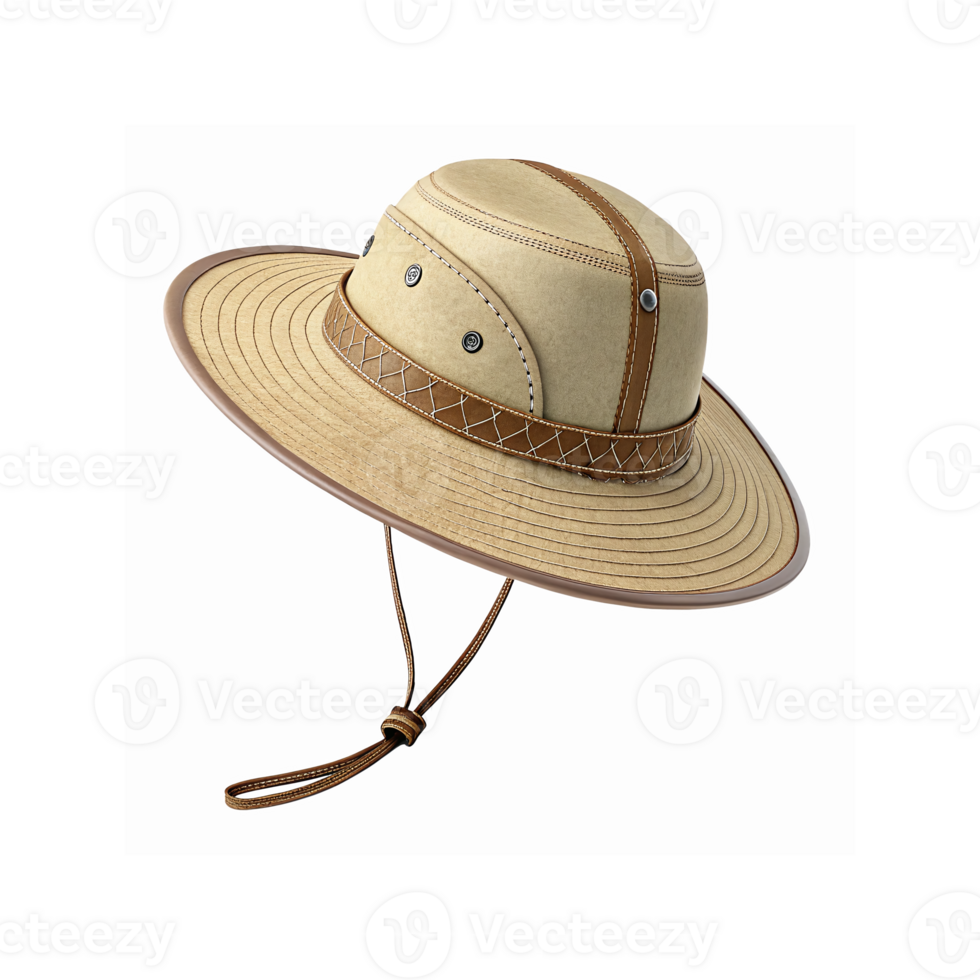 Wide Brim Beige Safari Hat with Decorative Brown Leather Trim and Chin Strap for Outdoor Adventures png