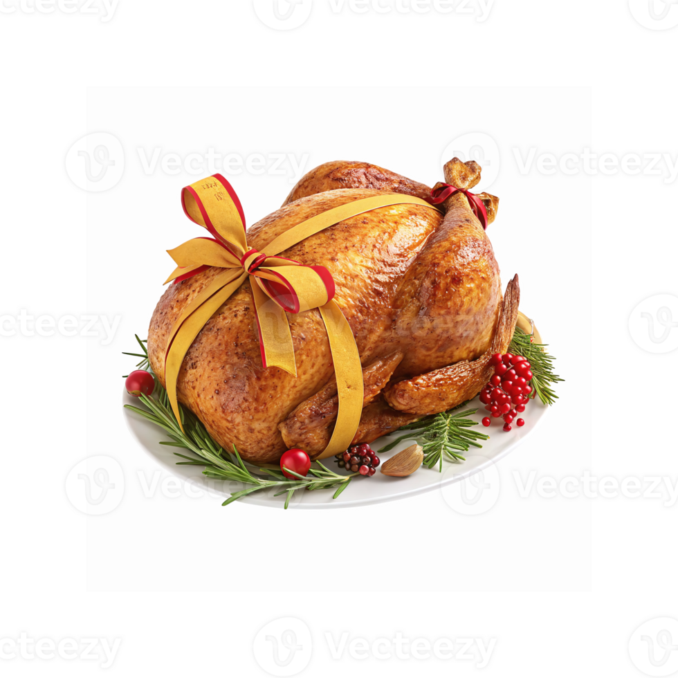 Golden Roasted Whole Turkey Decorated with Festive Red Berries and Gold Ribbon on Serving Plate png