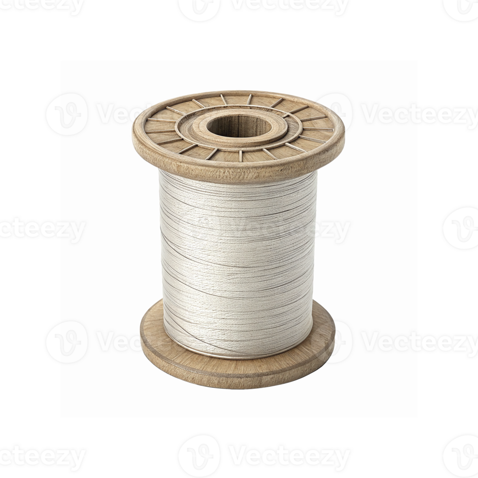 Wooden Spool with White Sewing Thread for Crafting and Tailoring on Transparent Background png