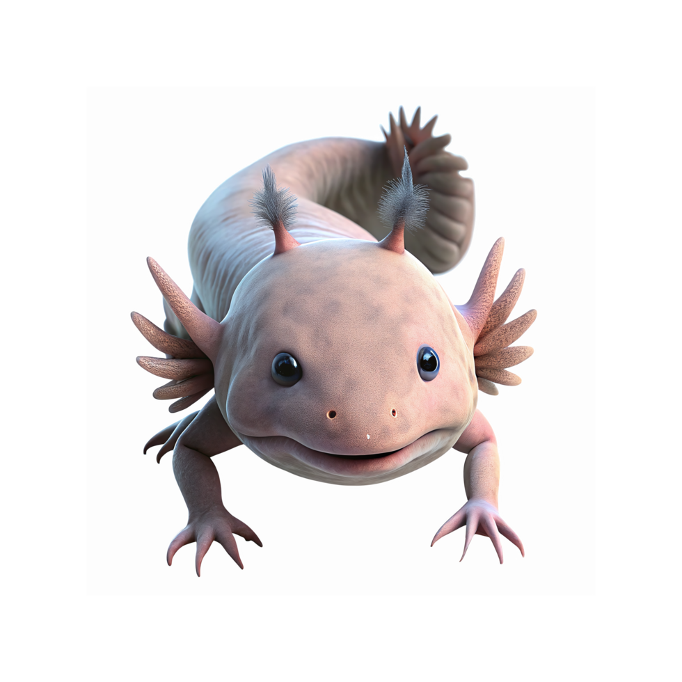 Pink Axolotl Closeup with Smiling Expression and Detailed Features on Transparent Background png