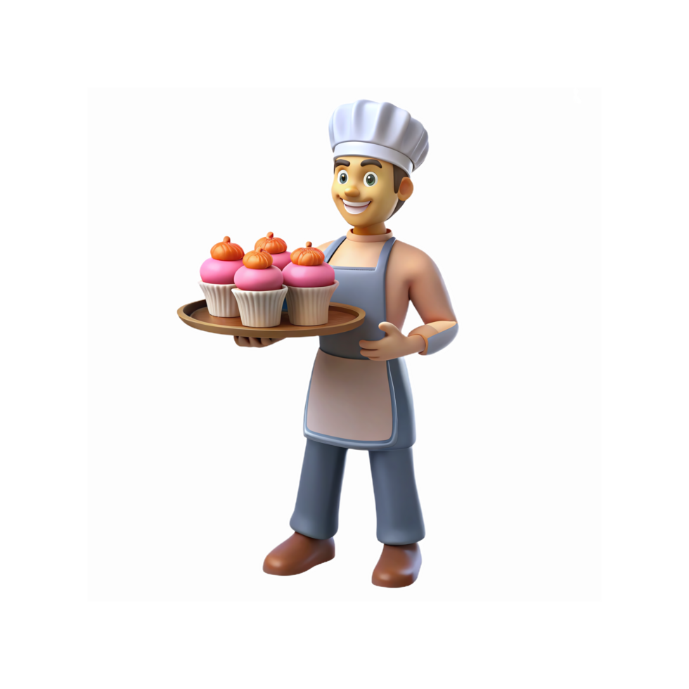Smiling Cartoon Chef Holding Tray of Pink Cupcakes with Pumpkin Toppers for Baking and Culinary Themes png