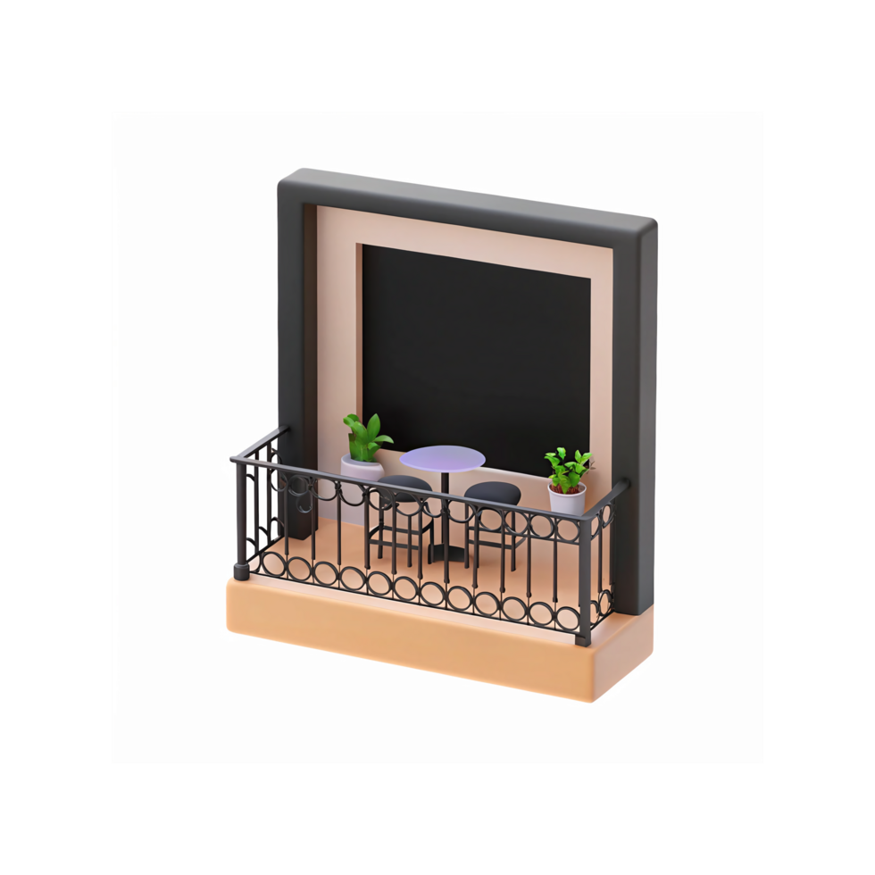Modern Balcony with Black Metal Railings Small Table and Green Plants on Light Beige Floor png
