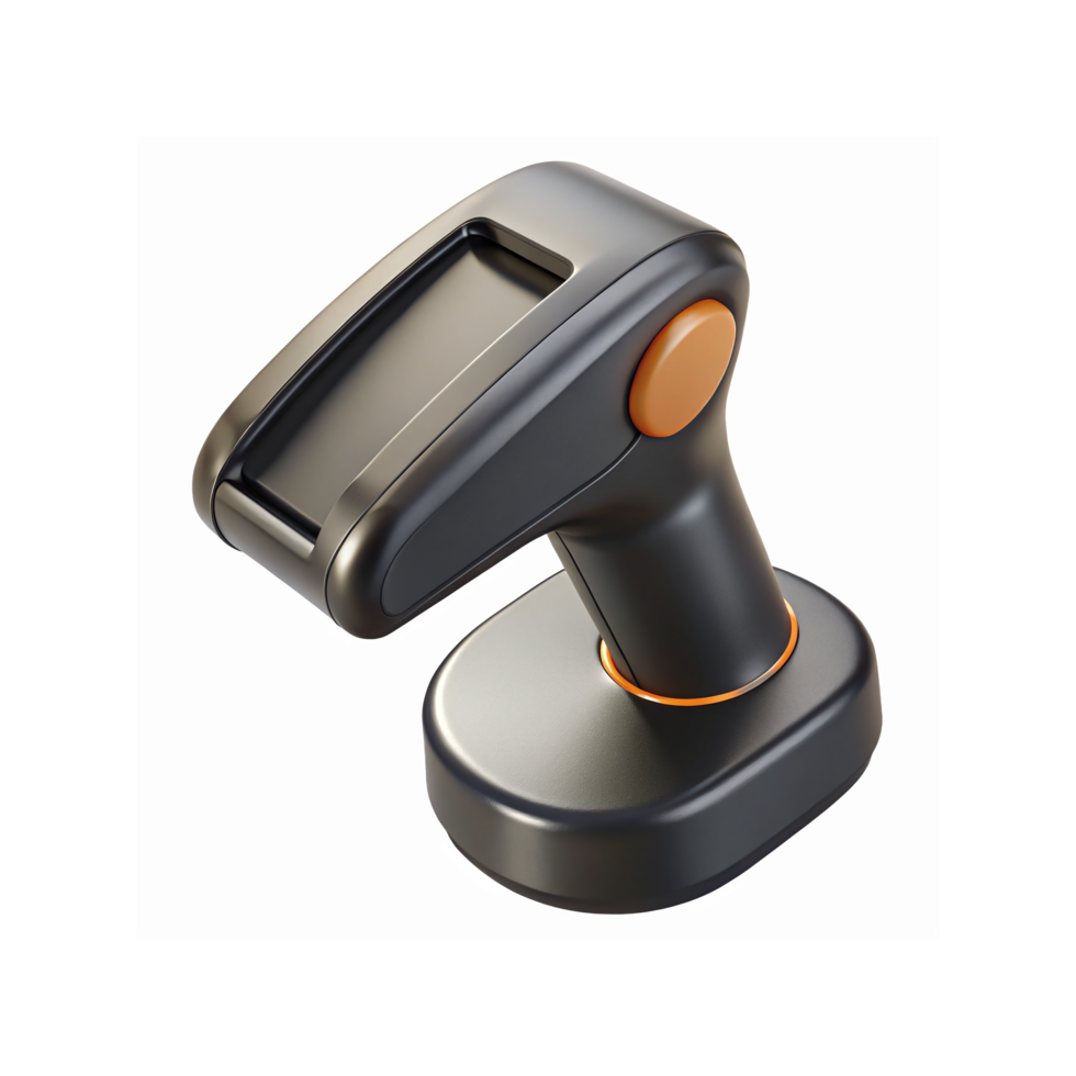 Modern Black Handheld Barcode Scanner with Orange Accent on Transparent Background for Retail and Office Use png