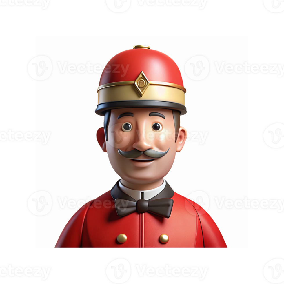 3D Rendering Old Fashioned Bellhop Character Red Uniform Black Bow Classic Mustache Cheerful Expression png