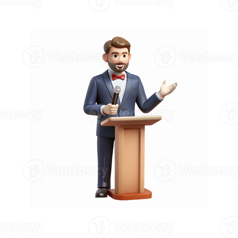 3D Cartoon Speaker in Suit with Microphone Giving Speech at Podium for Business Presentation png