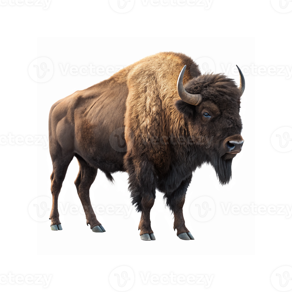 Large Brown American Bison Standing with Thick Fur and Curved Horns on White Background for Wildlife Use png