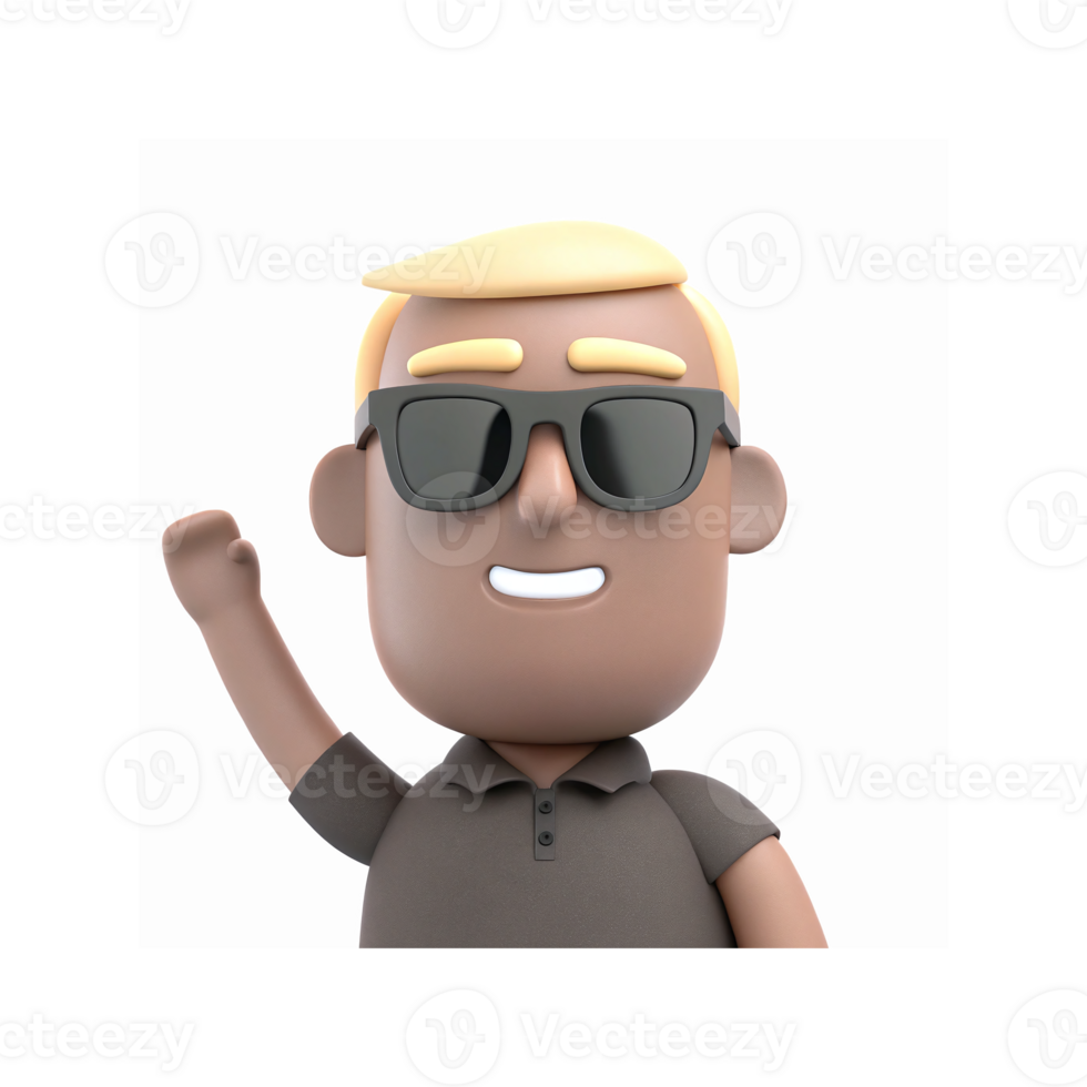 Cartoon 3D Character Smiling with Sunglasses and Waving Hand on Transparent Background png